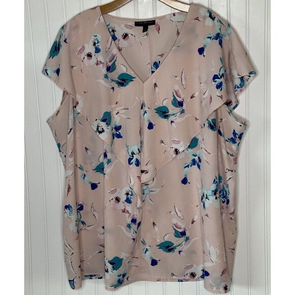 Lane Bryant Pink Floral Flutter Sleeve Cascading Ruffle Front Size 26 Top Shirt - Picture 1 of 12